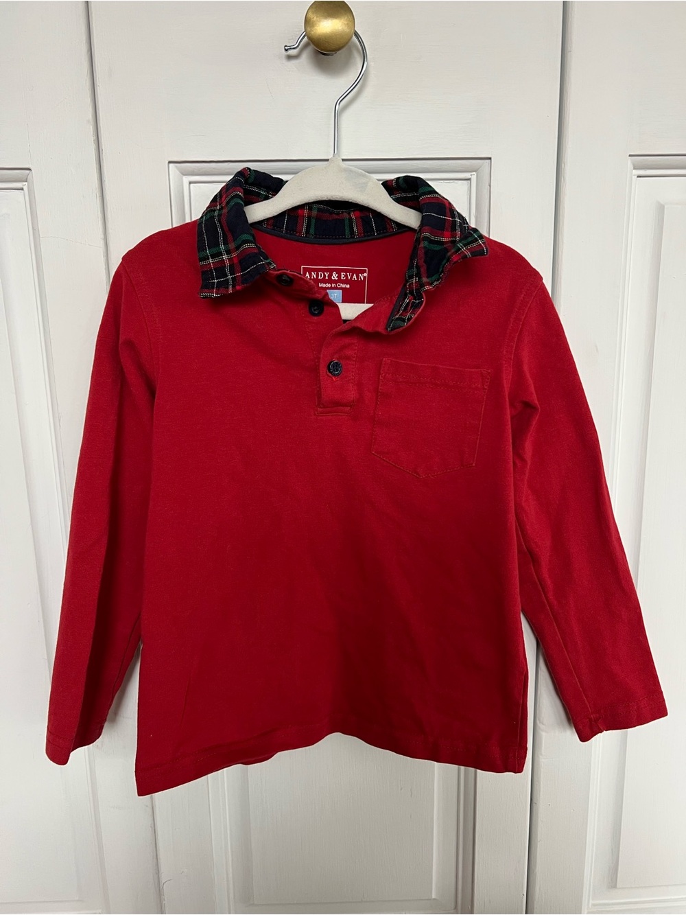 Andy & Evan Red Long Sleeve Polo with Plaid Collar